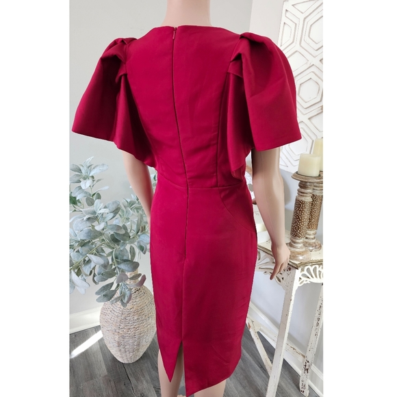 TS Couture Deep Red Ruffled Angel Sleeve Knee Length Sheath Dress - Picture 8 of 9